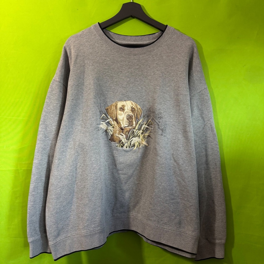 Vtg Croft & Barrow Mens XXL Gray Embroidered Hunting Dog Crewneck Sweatshirt